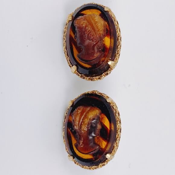 Vintage Signed Lisner Clip-On Earrings 14k Gold-Plated Cameo Faux Tortoiseshell - Picture 5 of 10